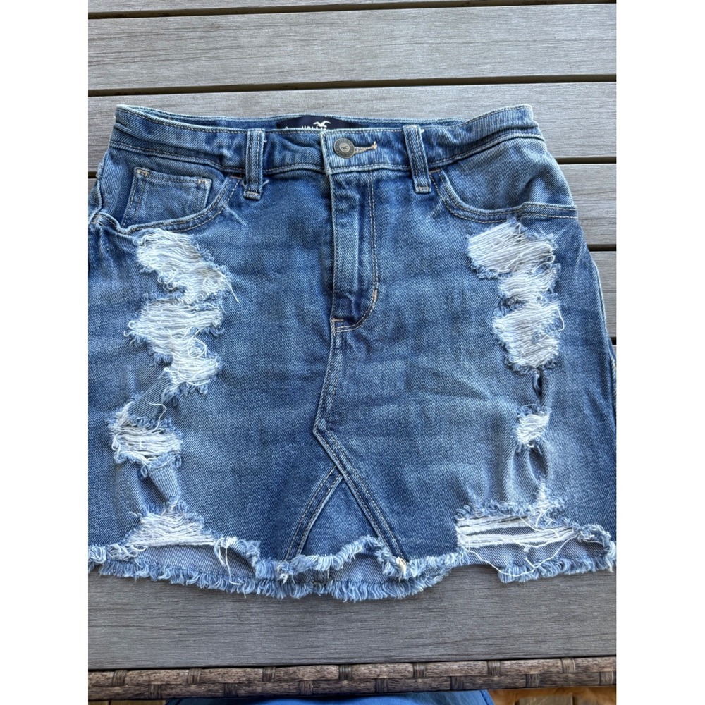 Hollister High Rise Denim Skirt Size 3 Distressed Raw Hem Mini 90s Festival Y2K